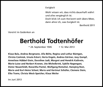 Anzeige von Berthold Todtenhöfer von Kölner Stadt-Anzeiger / Kölnische Rundschau / Express