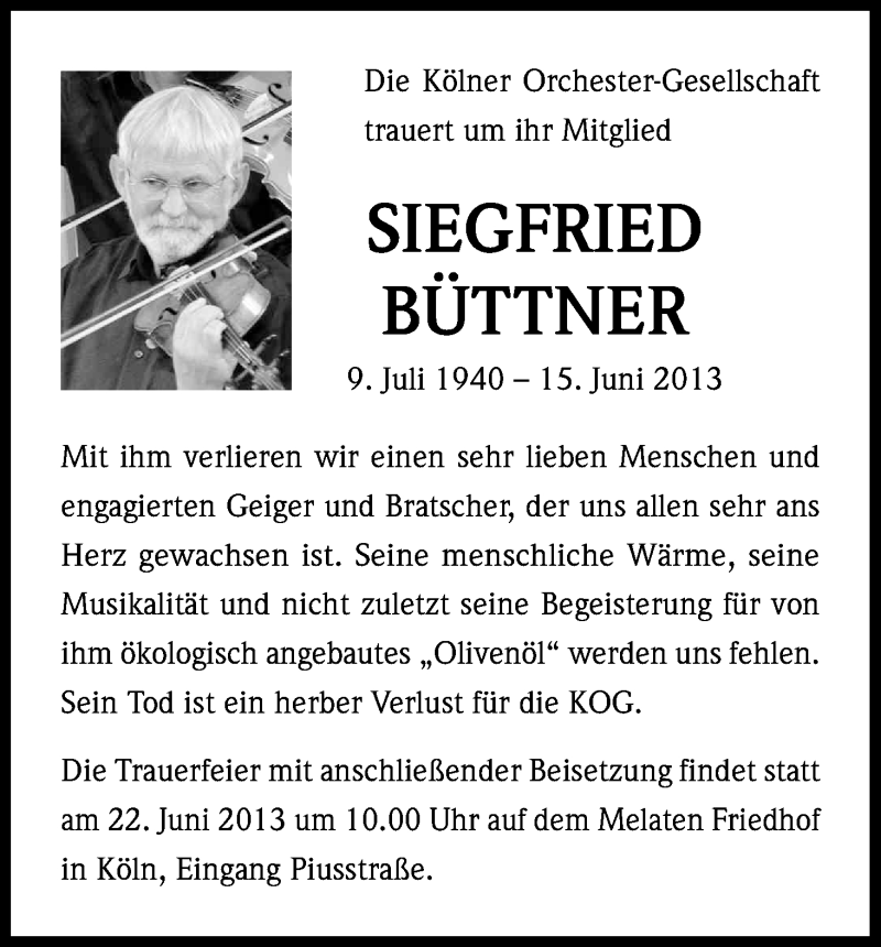  Traueranzeige für Siegfried Büttner vom 21.06.2013 aus Kölner Stadt-Anzeiger / Kölnische Rundschau / Express