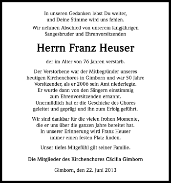Anzeige von Franz Heuser von Kölner Stadt-Anzeiger / Kölnische Rundschau / Express