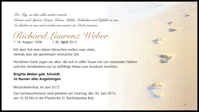  Traueranzeige für Richard Laurenz Weber vom 26.06.2013 aus Kölner Stadt-Anzeiger / Kölnische Rundschau / Express