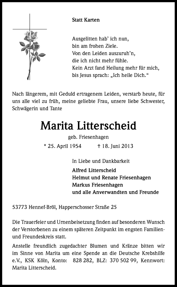  Traueranzeige für Marita Litterscheid vom 21.06.2013 aus Kölner Stadt-Anzeiger / Kölnische Rundschau / Express