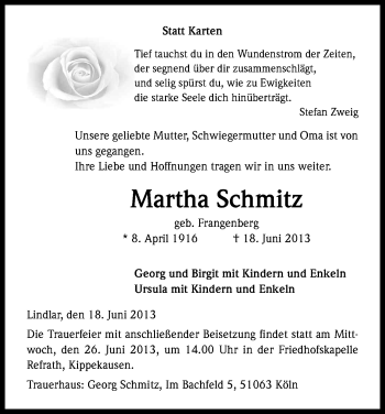 Anzeige von Martha Schmitz von Kölner Stadt-Anzeiger / Kölnische Rundschau / Express