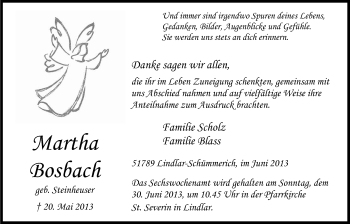 Anzeige von Martha Bosbach von Kölner Stadt-Anzeiger / Kölnische Rundschau / Express