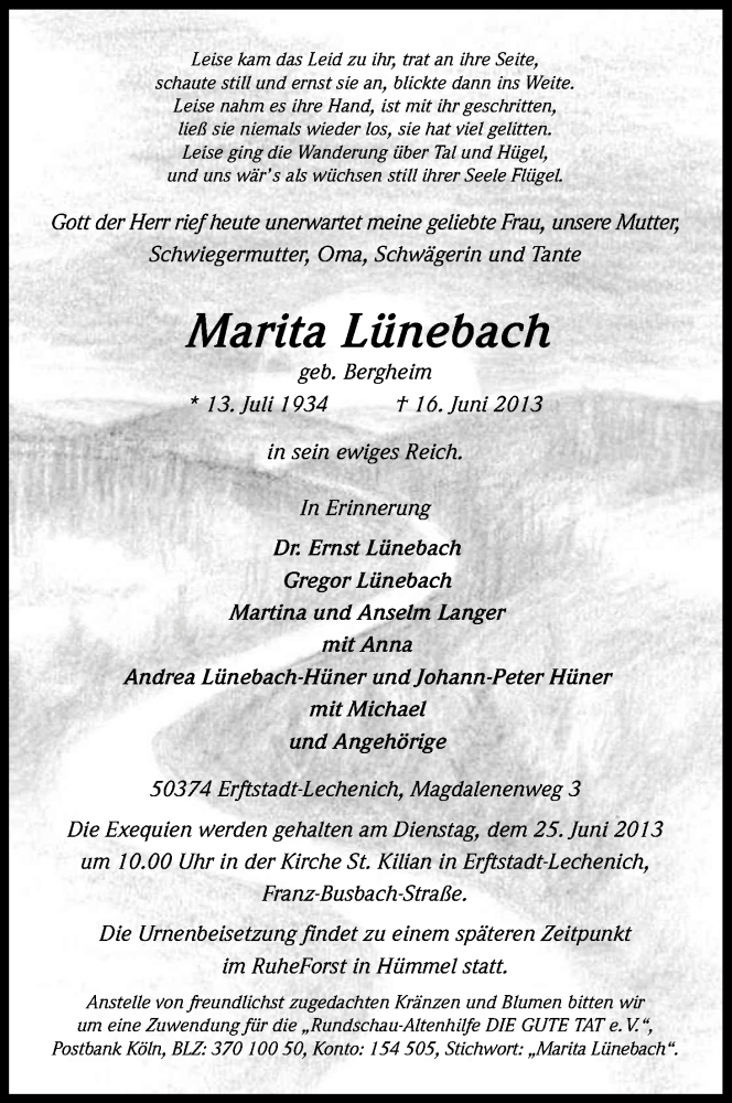  Traueranzeige für Marita Lünebach vom 21.06.2013 aus Kölner Stadt-Anzeiger / Kölnische Rundschau / Express
