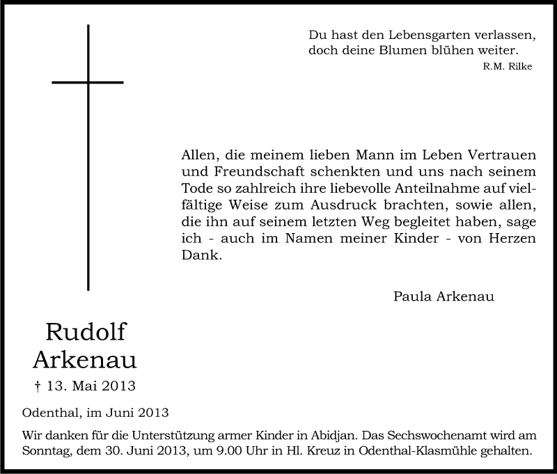  Traueranzeige für Rudolf Arkenau vom 22.06.2013 aus Kölner Stadt-Anzeiger / Kölnische Rundschau / Express