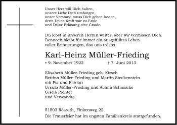 Anzeige von Karl-Heinz Müller-Frieding von Kölner Stadt-Anzeiger / Kölnische Rundschau / Express