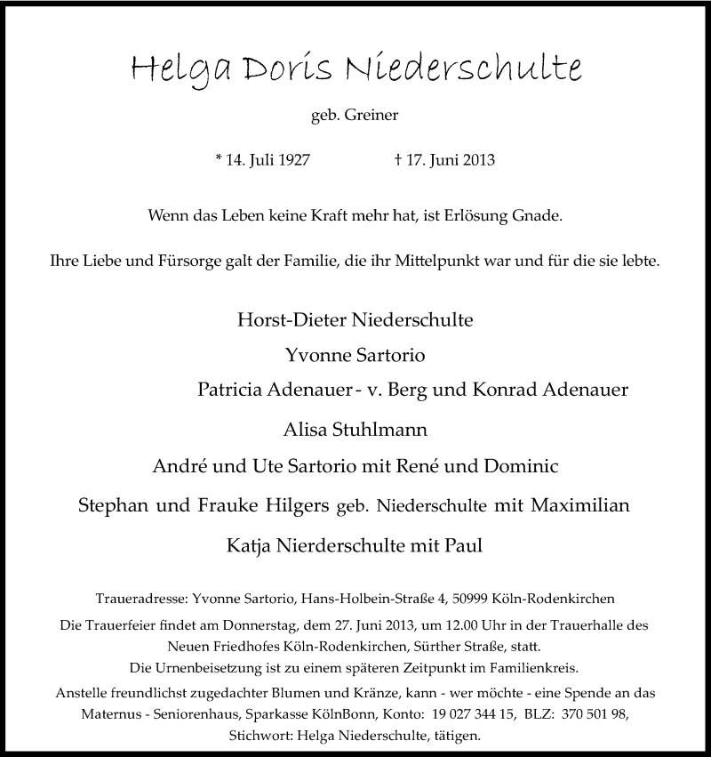  Traueranzeige für Helga Doris Niederschulte vom 22.06.2013 aus Kölner Stadt-Anzeiger / Kölnische Rundschau / Express
