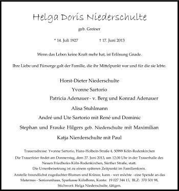 Anzeige von Helga Doris Niederschulte von Kölner Stadt-Anzeiger / Kölnische Rundschau / Express