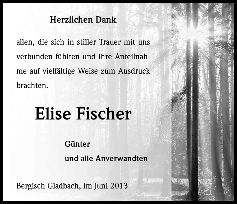 Traueranzeige für Elise Fischer vom 22.06.2013 aus Kölner Stadt-Anzeiger / Kölnische Rundschau / Express