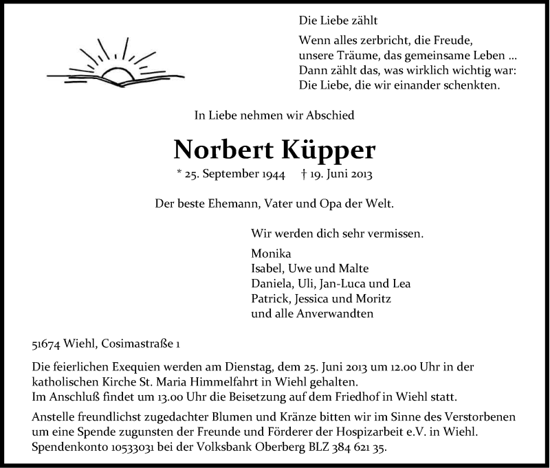  Traueranzeige für Norbert Küpper vom 21.06.2013 aus Kölner Stadt-Anzeiger / Kölnische Rundschau / Express
