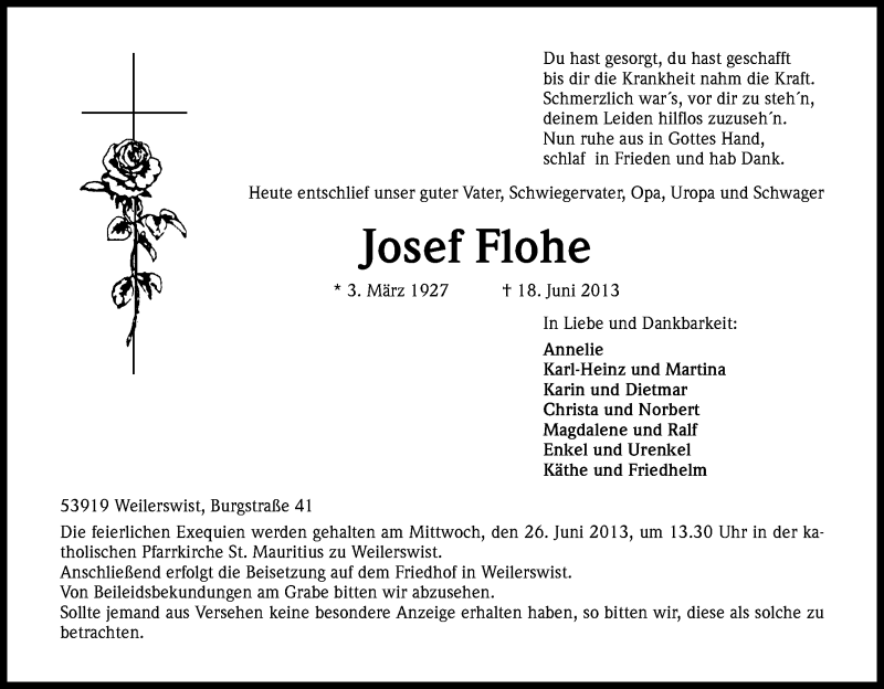  Traueranzeige für Josef Flohe vom 21.06.2013 aus Kölner Stadt-Anzeiger / Kölnische Rundschau / Express