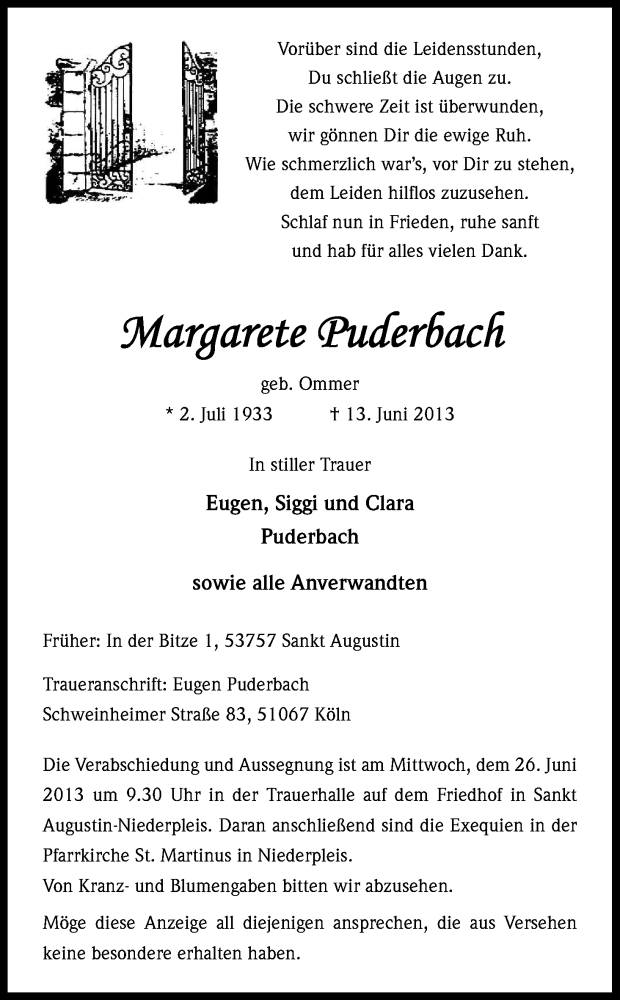  Traueranzeige für Margarete Puderbach vom 21.06.2013 aus Kölner Stadt-Anzeiger / Kölnische Rundschau / Express