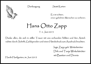 Anzeige von Hans Otto Zapp von Kölner Stadt-Anzeiger / Kölnische Rundschau / Express