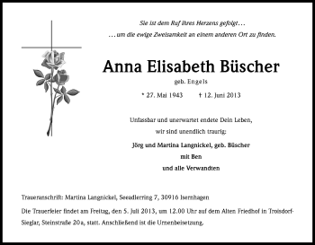 Anzeige von Anna Elisabeth Büscher von Kölner Stadt-Anzeiger / Kölnische Rundschau / Express