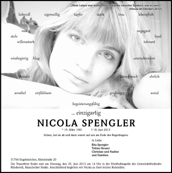 Anzeige von Nicola Spengler von Kölner Stadt-Anzeiger / Kölnische Rundschau / Express