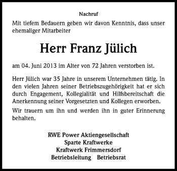 Anzeige von Franz Jülich von Kölner Stadt-Anzeiger / Kölnische Rundschau / Express