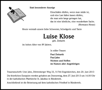 Anzeige von Luise Klose von Kölner Stadt-Anzeiger / Kölnische Rundschau / Express