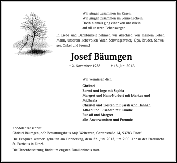 Anzeige von Josef Bäumgen von Kölner Stadt-Anzeiger / Kölnische Rundschau / Express