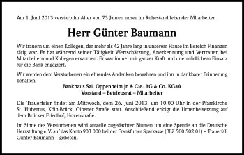 Anzeige von Günther Baumann von Kölner Stadt-Anzeiger / Kölnische Rundschau / Express