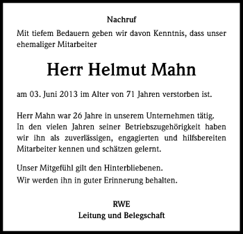 Anzeige von Helmut Mahn von Kölner Stadt-Anzeiger / Kölnische Rundschau / Express