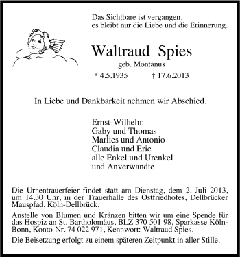 Anzeige von Waltraud Spies von Kölner Stadt-Anzeiger / Kölnische Rundschau / Express
