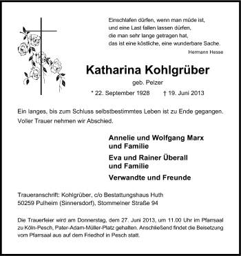 Anzeige von Katharina Kohlgrüber von Kölner Stadt-Anzeiger / Kölnische Rundschau / Express