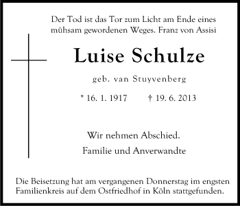 Anzeige von Luise Schulze von Kölner Stadt-Anzeiger / Kölnische Rundschau / Express