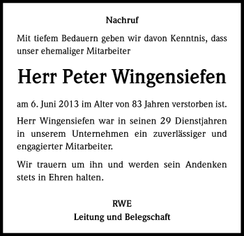 Anzeige von Peter Wingensiefen von Kölner Stadt-Anzeiger / Kölnische Rundschau / Express