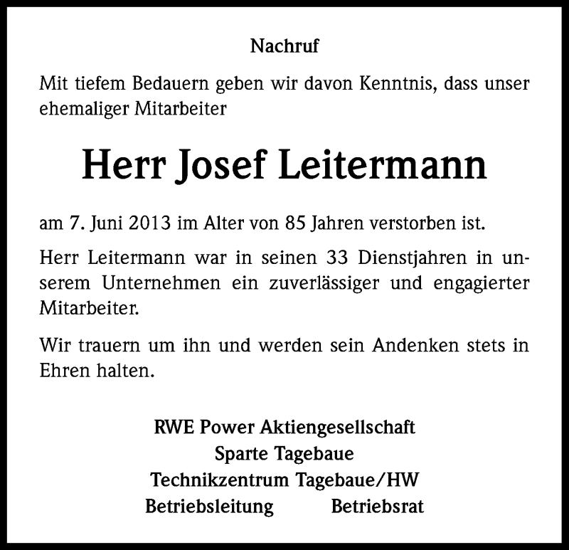  Traueranzeige für Josef Leitermann vom 25.06.2013 aus Kölner Stadt-Anzeiger / Kölnische Rundschau / Express