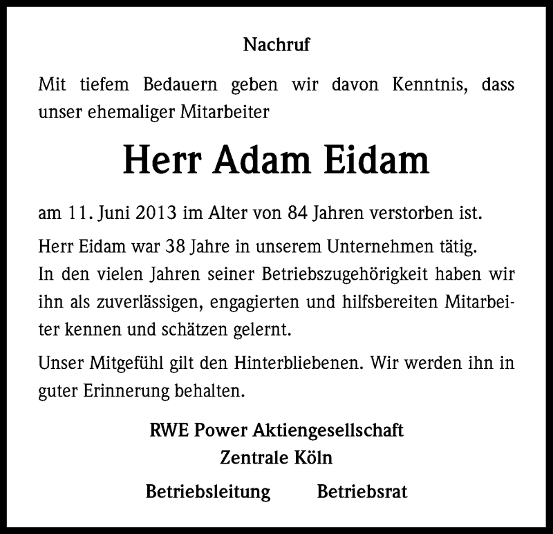  Traueranzeige für Adam Eidam vom 24.06.2013 aus Kölner Stadt-Anzeiger / Kölnische Rundschau / Express