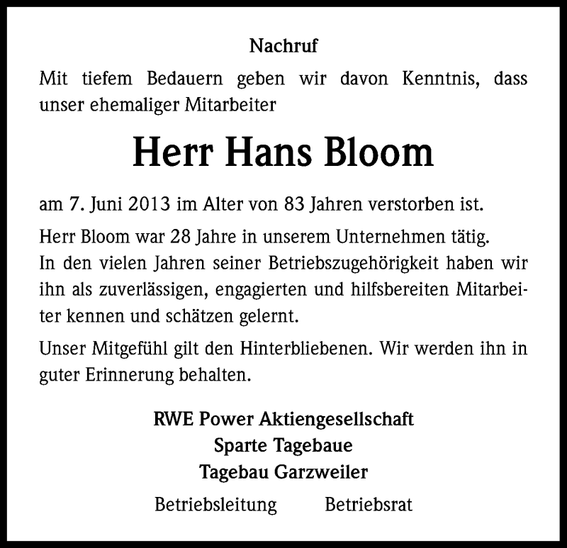  Traueranzeige für Hans Bloom vom 24.06.2013 aus Kölner Stadt-Anzeiger / Kölnische Rundschau / Express