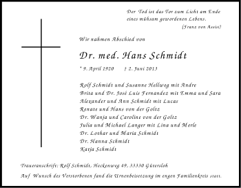Anzeige von Hans Schmidt von Kölner Stadt-Anzeiger / Kölnische Rundschau / Express