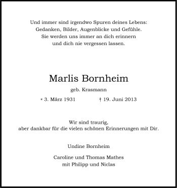 Anzeige von Marlis Bornheim von Kölner Stadt-Anzeiger / Kölnische Rundschau / Express