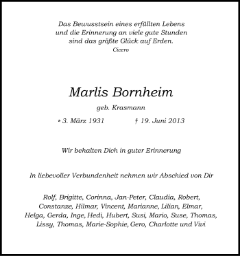 Anzeige von Marlis Bornheim von Kölner Stadt-Anzeiger / Kölnische Rundschau / Express