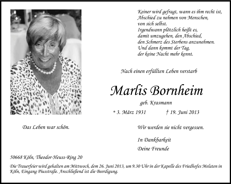  Traueranzeige für Marlis Bornheim vom 22.06.2013 aus Kölner Stadt-Anzeiger / Kölnische Rundschau / Express