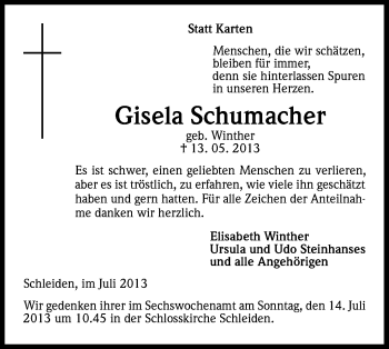Anzeige von Gisela Schumacher von Kölner Stadt-Anzeiger / Kölnische Rundschau / Express