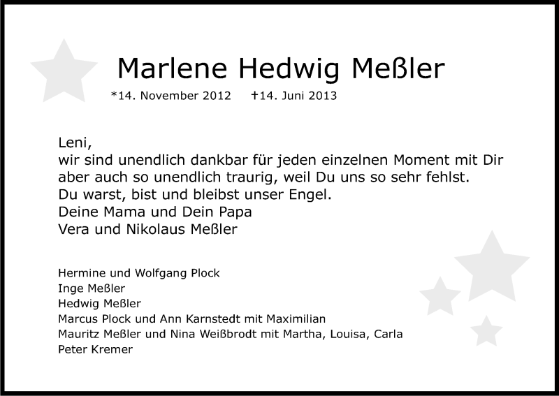  Traueranzeige für Marlene Hedwig Meßler vom 22.06.2013 aus Kölner Stadt-Anzeiger / Kölnische Rundschau / Express