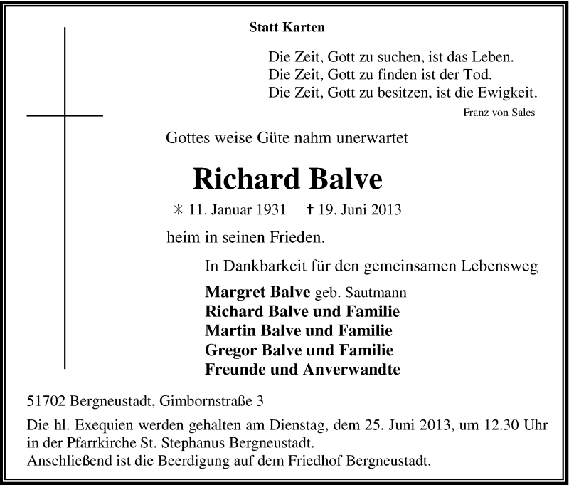  Traueranzeige für Richard Balve vom 22.06.2013 aus Kölner Stadt-Anzeiger / Kölnische Rundschau / Express
