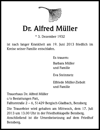 Anzeige von Alfred Müller von Kölner Stadt-Anzeiger / Kölnische Rundschau / Express