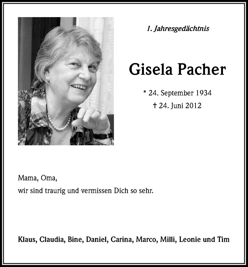  Traueranzeige für Gisela Pacher vom 22.06.2013 aus Kölner Stadt-Anzeiger / Kölnische Rundschau / Express