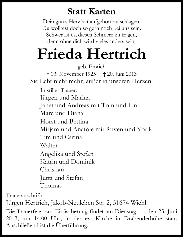  Traueranzeige für Frieda Hertrich vom 22.06.2013 aus Kölner Stadt-Anzeiger / Kölnische Rundschau / Express