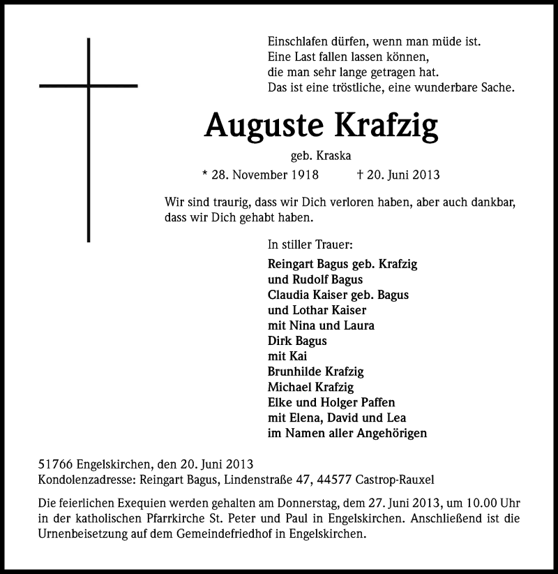  Traueranzeige für Auguste Krafzig vom 22.06.2013 aus Kölner Stadt-Anzeiger / Kölnische Rundschau / Express