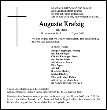 Anzeige von Auguste Krafzig von Kölner Stadt-Anzeiger / Kölnische Rundschau / Express