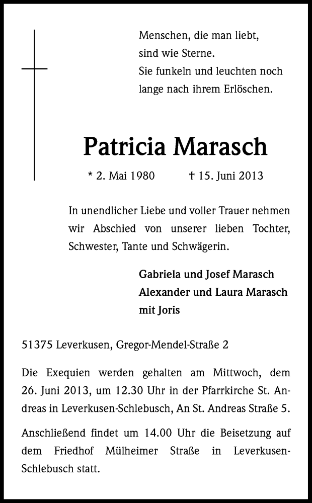  Traueranzeige für Patricia Marasch vom 22.06.2013 aus Kölner Stadt-Anzeiger / Kölnische Rundschau / Express
