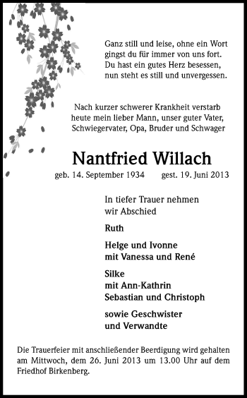 Anzeige von Nantfried Willach von Kölner Stadt-Anzeiger / Kölnische Rundschau / Express