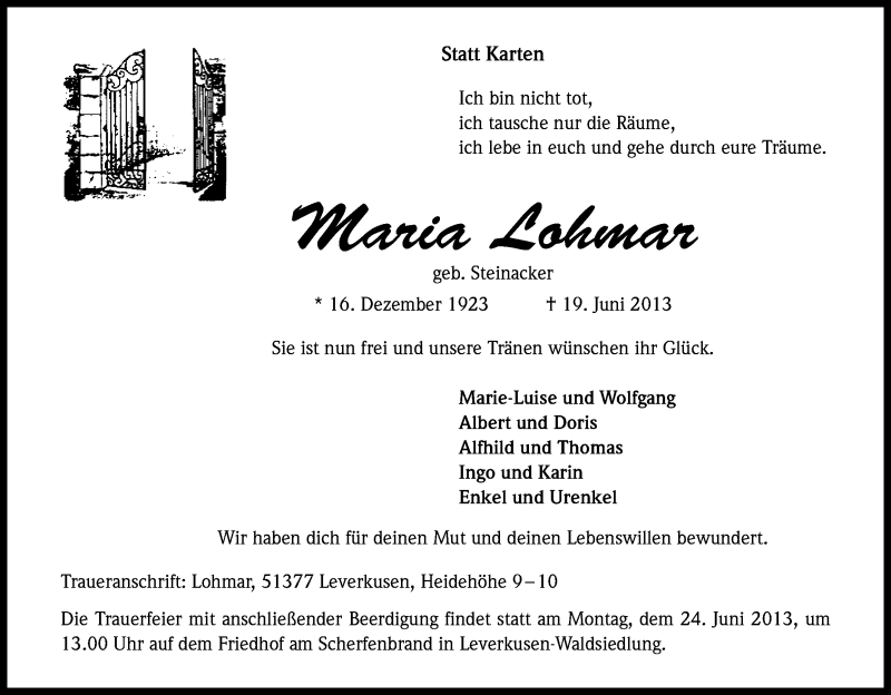  Traueranzeige für Maria Lohmar vom 22.06.2013 aus Kölner Stadt-Anzeiger / Kölnische Rundschau / Express
