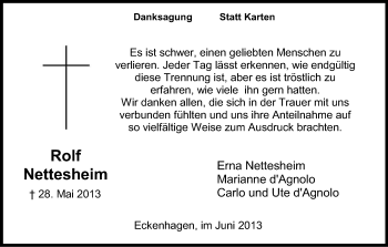 Anzeige von Rolf Nettesheim von Kölner Stadt-Anzeiger / Kölnische Rundschau / Express