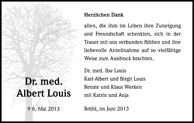  Traueranzeige für Albert Louis vom 26.06.2013 aus Kölner Stadt-Anzeiger / Kölnische Rundschau / Express