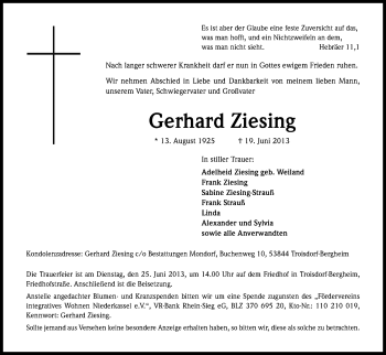 Anzeige von Gerhard Ziesing von Kölner Stadt-Anzeiger / Kölnische Rundschau / Express