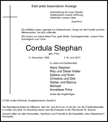 Anzeige von Cordula Stephan von Kölner Stadt-Anzeiger / Kölnische Rundschau / Express